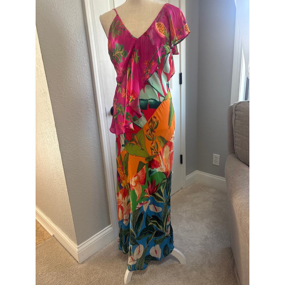 FARM RIO Mixed Flowery Ruffle One Strap Midi Dress Size L - Picture 3 of 10
